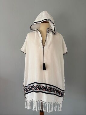 Tory Burch White Hooded Top with Blue Trim and Tassels - Size M/L